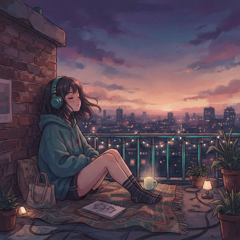AI-generated lo-fi scene: Sunset rooftop